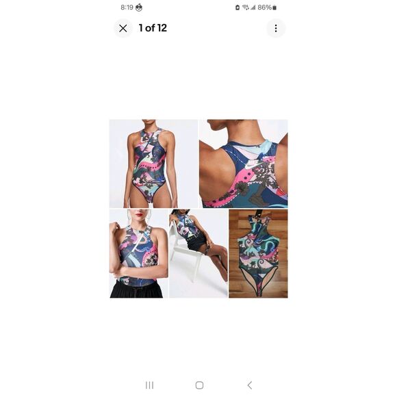 Nike M Women's Bodysuit Swimsuit Graphic Multicolor Slvless Hig‎ Neck Zip NWT - Picture 3 of 11